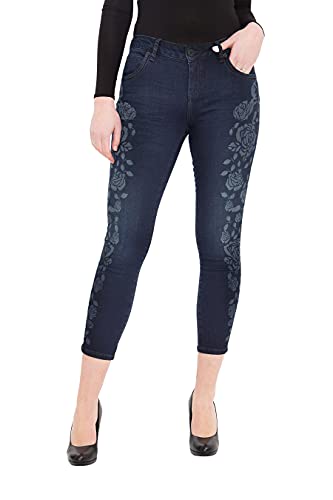 ATT Amor, Trust & Truth damskie spodnie 7/8 z haftowanymi otworami na obszyciu, krój slim fit, jednokolorowe Leoni, ciemnoniebieski, 36W / 27L