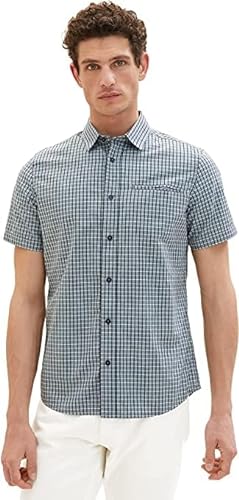 TOM TAILOR Męska koszula slim fit z krótkim rękawem, 31805 - Navy Turquoise Check, M