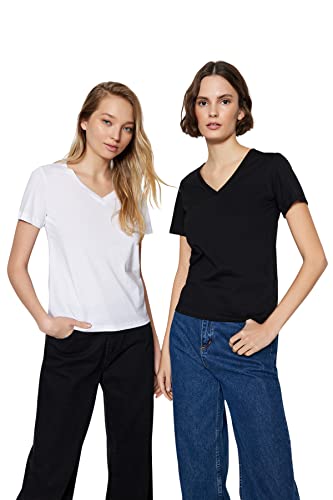 Trendyol Damska koszulka z dzianiny Regular Fit Basic V Neck, Czarny - biały, XS