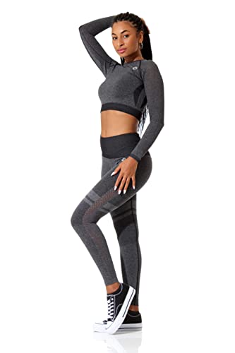 STARK SOUL Zestaw fitness - Crop-Top Longsleeve i sportowe legginsy z wysokim stanem | kolory: szary melanż i czarny melanż, rozmiary: S, M i L