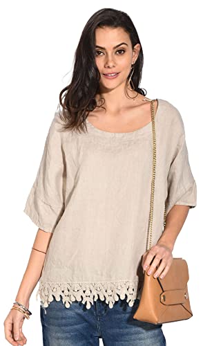 Bonateks damska top 100% lniana tunika Made in Italy, okrągły dekolt z falbanką, pustynia, rozmiar: XL, Pustynia, XL
