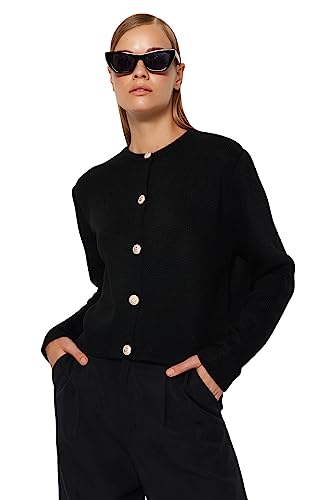 Trendyol FeMan Regular Fit Basic Crew Neck Dzianina kardigan, czarny, S, Czarny, S