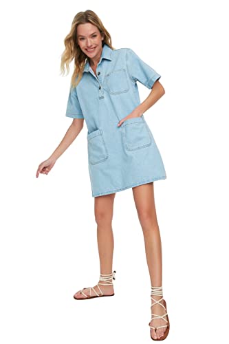 Trendyol Damska mini sukienka koszulowa, regularna sukienka dżinsowa, Jasnoniebieski, 64