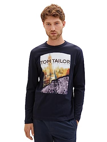 TOM TAILOR Męska koszulka z długim rękawem z nadrukiem fotograficznym z bawełny, 10668-sky Captain Blue, XXL