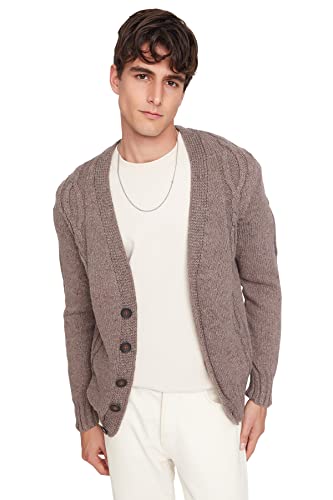 Trendyol Męski sweter z dekoltem w serek, gładki wąski kardigan, kolor norek, 2XL, Kolor norek, XXL