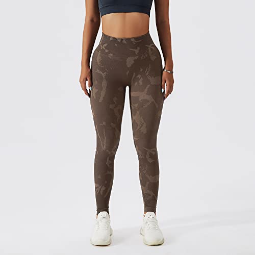 EULLA Legginsy damskie z wysokim stanem, moro, sportowe legginsy damskie, długie z brzoskwiniowym podnoszeniem bioder, spodnie sportowe, spodnie do jogi, treningu, na co dzień, kawa, XL