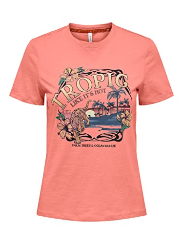 Bestseller A/S Damski ONLFELIA S/S Palm Tiger TOP Box JRS T-Shirt, Coral Haze/Nadruk: Tropic, XS, Coral Haze/Nadruk: tropic, XS