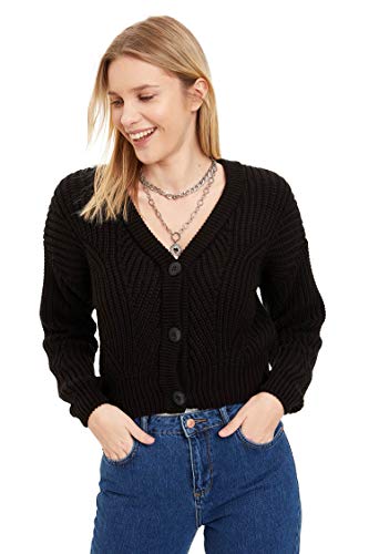 DeFacto Damska odzież Croped z dekoltem w serek, trykot kardigany dla kobiet i tuniki do getrów dla kobiet wędzone, czarny, L