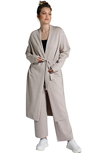 Ulla Popken Damski sweter z długim rękawem Schalkragen, Offene Form, Bindegürtel kardigan, Putty, 42-Du?e rozmiary