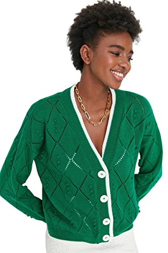 Trendyol Damski regularny kardigan z dzianiny z dekoltem w serek, ZIELONY, L
