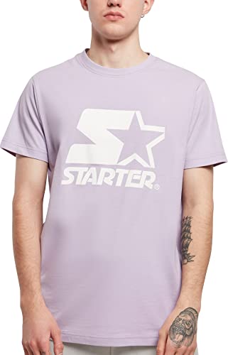 STARTER BLACK LABEL Męski T-shirt z nadrukiem z przodu i na rękawie, naszywka z logo na obszyciu, sportowy okrągły dekolt, wiele kolorów, rozmiar S do XXL, fioletowy, L