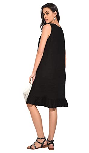 Bonateks damska sukienka 100% lniana Made in Italy, półdługa sukienka z okrągłym dekoltem, z długimi rękawami i kieszeniami, deserowa, rozmiar: L, Pustynia, L