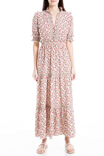 Max Studio Damska sukienka maxi z długimi łokciami, rękawami, z nadrukiem, Kremowa/jagodowa kratka Cala Lily, S