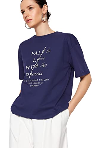 Trendyol Damska koszulka z dzianiny z okrągłym dekoltem o luźnym kroju, granatowy, M