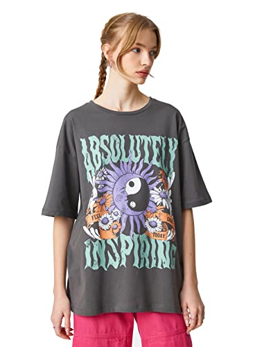Koton Damska koszulka z nadrukiem oversized Crew Neck Short Sleeve, Anthracite (931), L