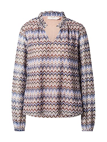 Damska koszulka Cream V-Neck Print Długi rękaw damska, Blue Weave Multi Lace Stripe, 44