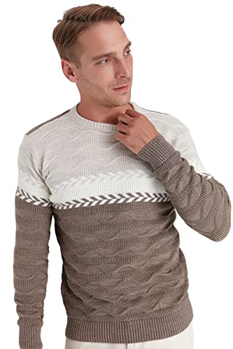Trendyol Męska bluza z okrągłym dekoltem Colorblock Slim sweter, kolor norek, XL, Kolor norek, XL