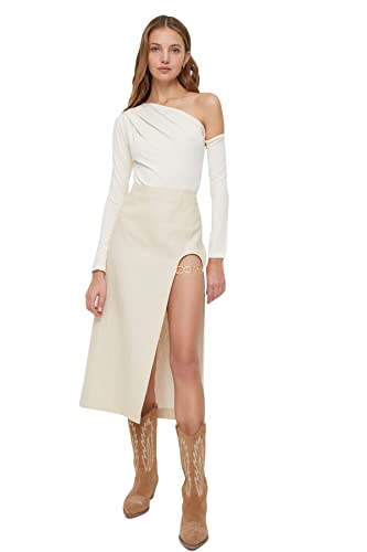 TRENDYOL Damska koszula damska/draped detale Middle Knit Plain marszczona/drapowana szczegółowa koszulka na środku dzianiny, écru, M
