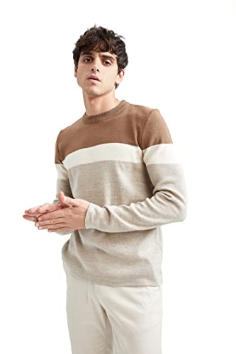 DeFacto Męski sweter z dzianiny z długim rękawem okrągły dekolt - slim fit sweter dla mężczyzn topy (camel, M), piaskowy, M