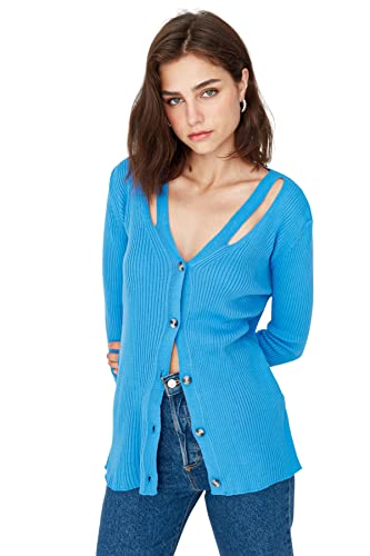 Trendyol Damski dopasowany standardowy sweter z dekoltem w serek dzianinowy kardigan, niebieski, L, NIEBIESKI, L