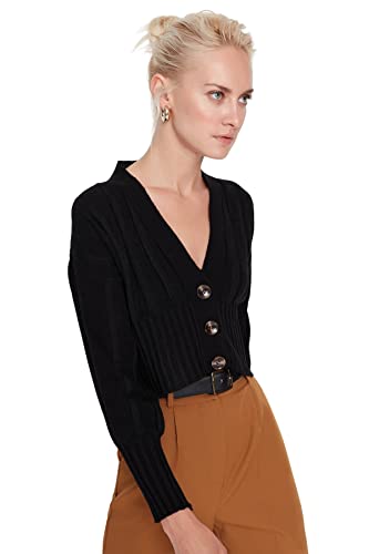 Trendyol Damski slim basic dekolt w serek dzianinowy kardigan, Czarny, S