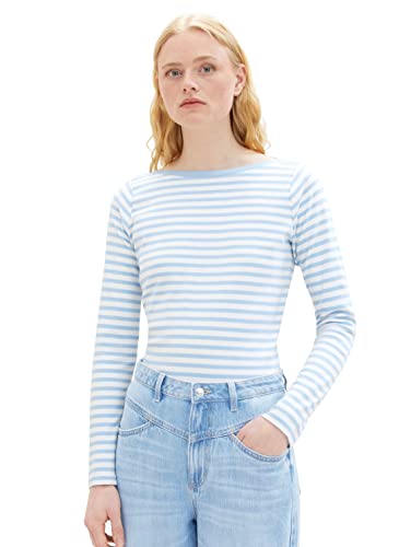 TOM TAILOR Denim Damska koszulka z długim rękawem w paski z bawełny organicznej, 32577 - Mid Blue White Stripe, XL