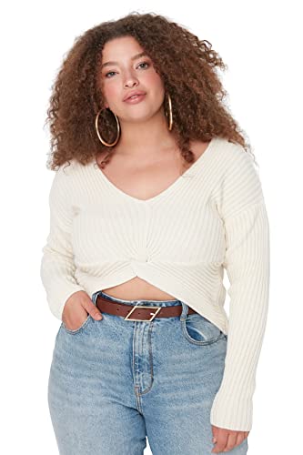 Trendyol Damska bluza z dekoltem w serek zwykły zwykły sweter plus size, KAMIEŃ, 5XL