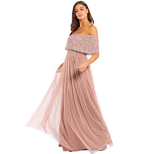 Maya Deluxe Damska sukienka Bardot dla kobiet maxi zdobiona wysoka talia imperium, bez rękawów, tiul na wesele, studniówkę z okazji ukończenia szkoły, Fiołkoworóżowy, 32