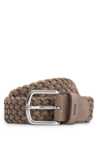 BOSS Męski pasek ze skóry zamszowej Sash-SdW Sz35 z polerowaną metalową klamrą i logo, beżowy, 90