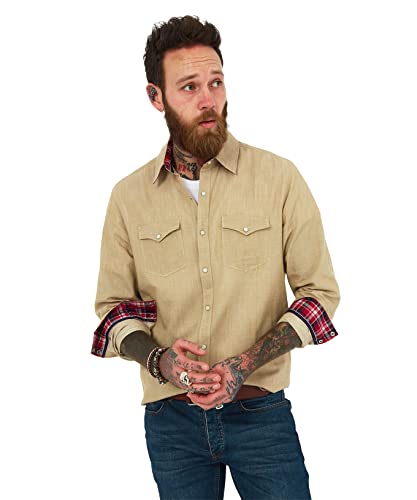 Joe Browns Męska koszula z długim rękawem i spranym dżinsem w stylu zachod, Piasek, XXL