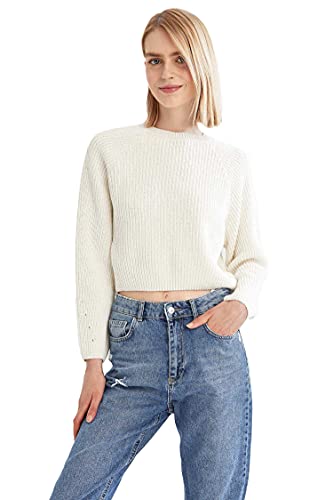 DeFacto Sweter normalny krój dla kobiet - sweter z golfem dla topów damski (ecru, S), écru, S