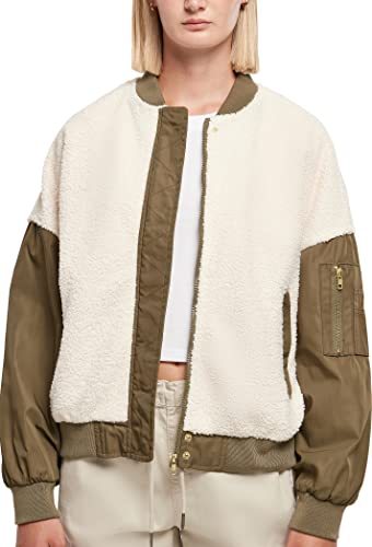 Urban Classics Damska kurtka bomberka oversize Sherpa, Biały i ciemny oliwkowy, S