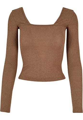 Urban Classics Damska koszulka z długim rękawem z prążkowanym dekoltem w serek, czarna, ciemnokhaki, S