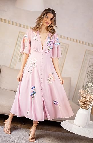 Hope & Ivy Damska sukienka midi The Alma z haftem, głęboka listwa guzikowa z przodu i z trzepoczącymi rękawami, sukienka na specjalne okazje, liliowa, 40, bez, 40