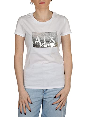 Armani Exchange Damska koszulka podstawowa z logo na biust, biały, L