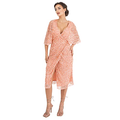 Maya Deluxe Damska sukienka Midi Ladies Sequin Embellished Cape Sleeve Wrap Dress for Wedding Guest Bridesmaid Cocktail Prom Evening sukienka, Apricot Blush, 38