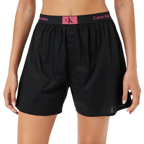 Calvin Klein Bokserki damskie tradycyjne (tkane) szorty, Czarny z logo w kolorze różowej fuksji, XL