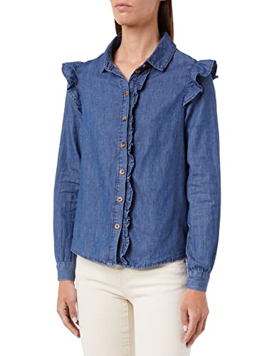 Springfield Damska koszula dżinsowa Sustainable Wash Ruffles, średni niebieski, 6, Średnioniebieski, 32