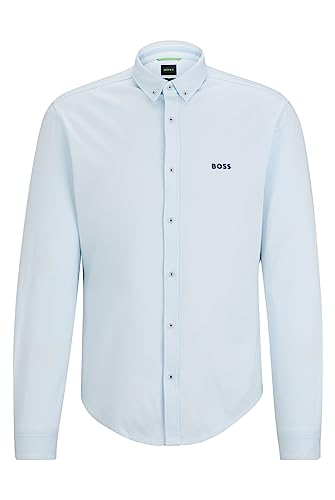 BOSS BIADO R Regular -Fit męska koszula z bawełny piqué-jersey z kołnierzem na guziki, Open Blue, L