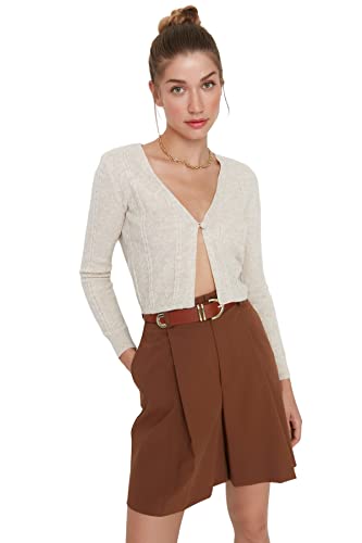 Trendyol Damski design regularny standardowy kardigan z dekoltem w serek, KAMIEŃ, S
