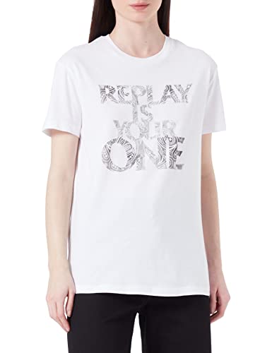 Replay T-shirt damski z krótkim rękawem z napisem, 001 Optical White, M