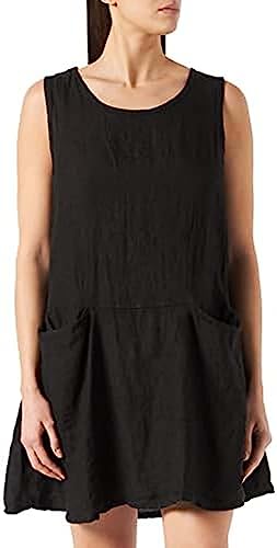 Bonateks, Krótka sukienka z zawiniętym okrągłym kołnierzem i kieszeniami, 100% len, rozmiar DE:38 Rozmiar US: M, czarna - wyprodukowano we Włoszech, czarny, 38