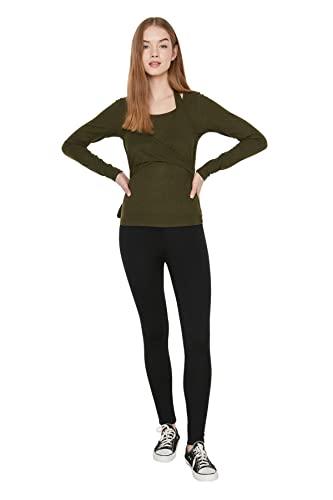 Trendyol Damska dopasowana standardowa, tkana bluzka z okrągłym dekoltem, Khaki, L