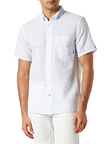 Tommy Hilfiger Męska koszula Air Cotton Check Rf S/S Casual, Biały (Optic White) / Cloudy Blue, XS