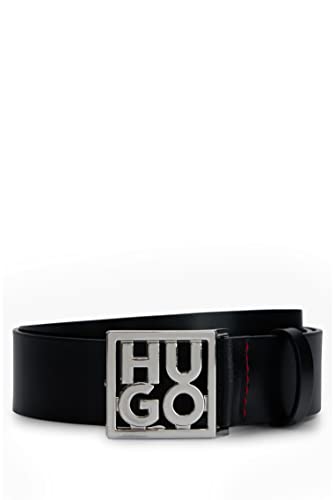 HUGO Męski włoski skórzany pasek HU-GO Sz35 z klamrą z logo, Czarny, 105