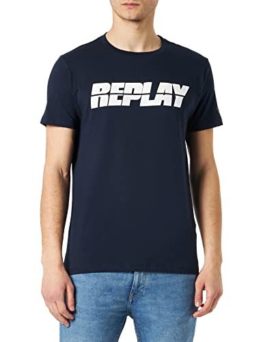 Replay T-shirt męski z krótkim rękawem z nadrukiem logo, 085 niebieski, XL