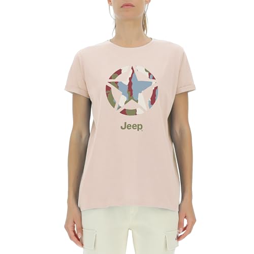 JEEP O102927-P558 Koszulka Damska Oversize - Druk Gwiazda Dno Kora Kamuflaż - Rękaw z klapką J23W Kobiety Powder Rose L, Powder Rose, L