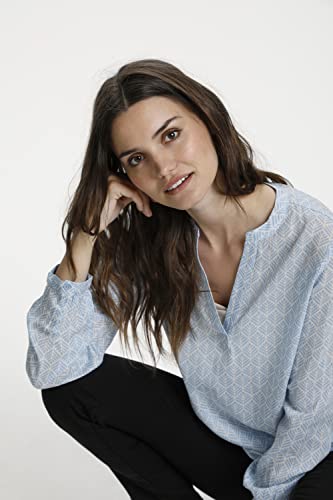 KAFFE Damska bluzka z długim rękawem V-Neck, Niebieski/Chalk Fan Print, 44