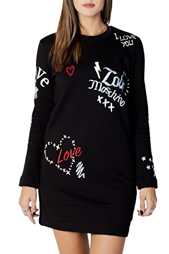 Love Moschino Damska sukienka o regularnym kroju z długim rękawem i emblematami, miłość i szkice, czarny, 44