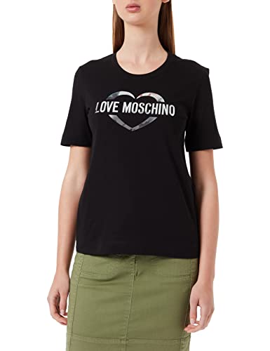 Love Moschino Damska koszulka z nadrukiem serca w srebrnej folii, Czarny, 40